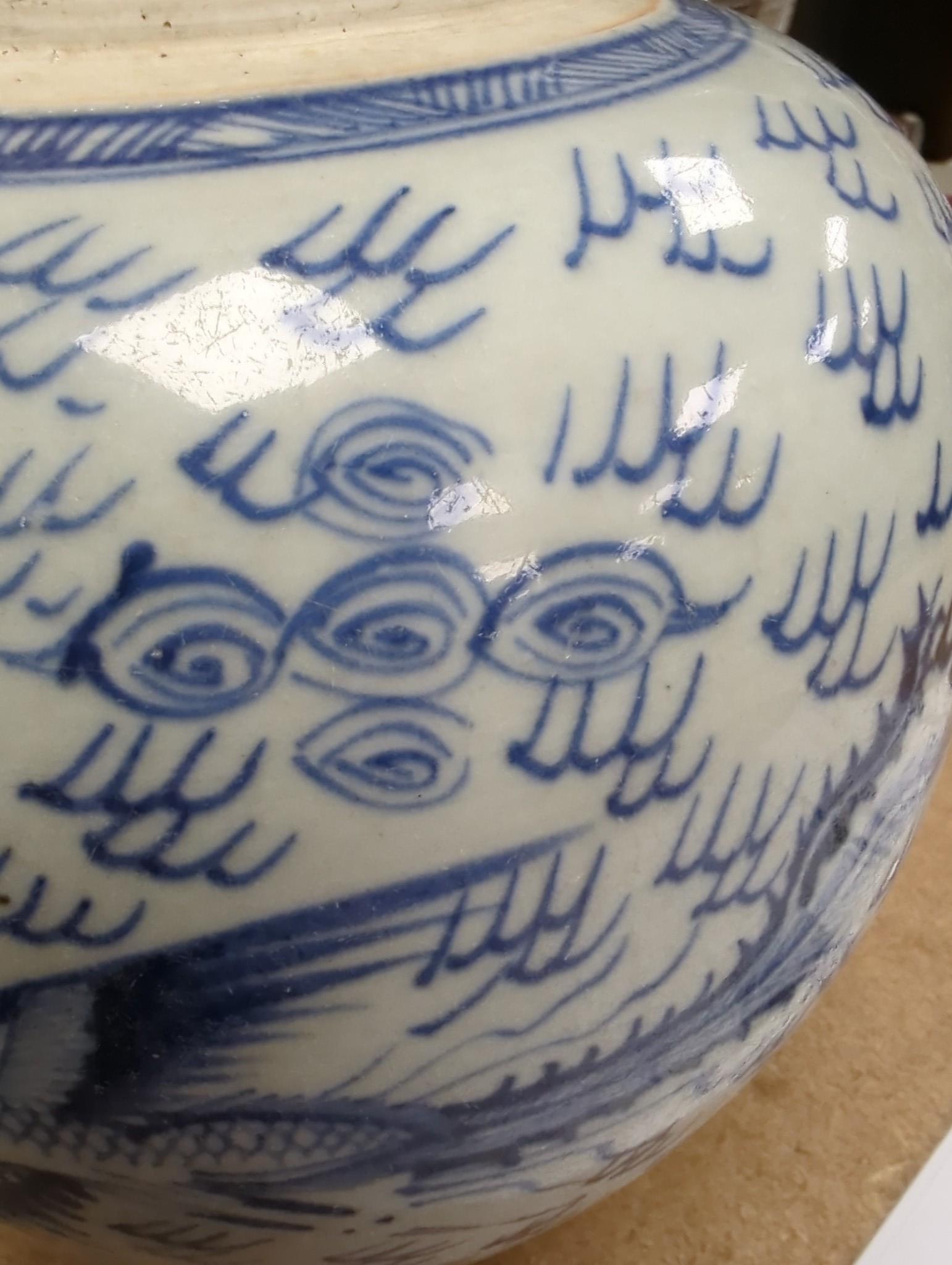 An 18th century Chinese provincial blue and white ‘dragon and phoenix’ jar, 19cm